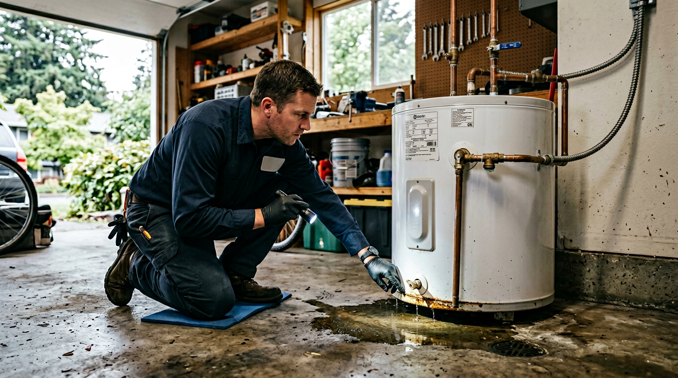 Plumber inspecting an active leak at the base of a storage-tank water heater in a Portland-area home garage during an emergency repair visit