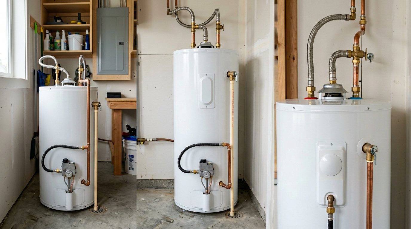 Traditional storage-tank water heater with copper pipes, shutoff, and T&P relief piping in a clean residential utility closet