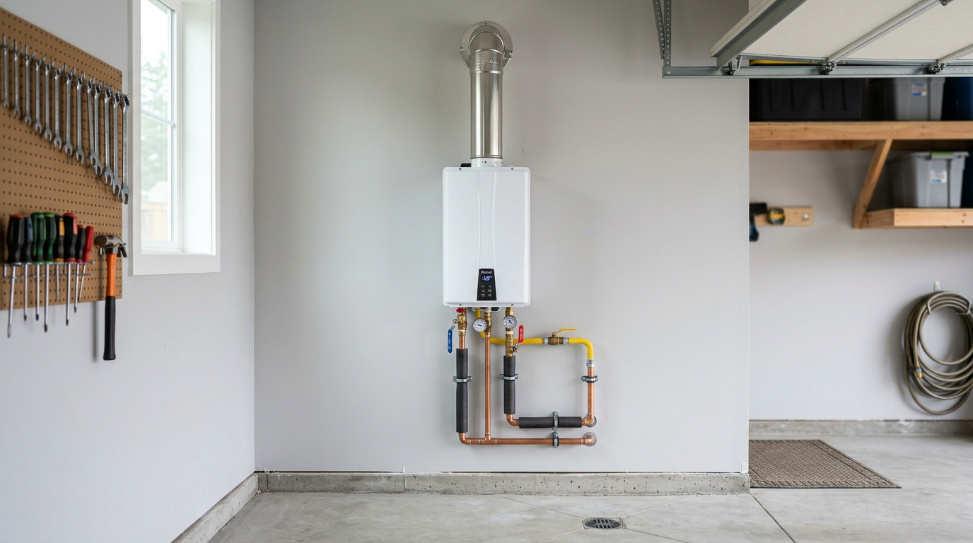 Wall-mounted tankless gas water heater with vent pipe and digital display in a Pacific Northwest residential garage