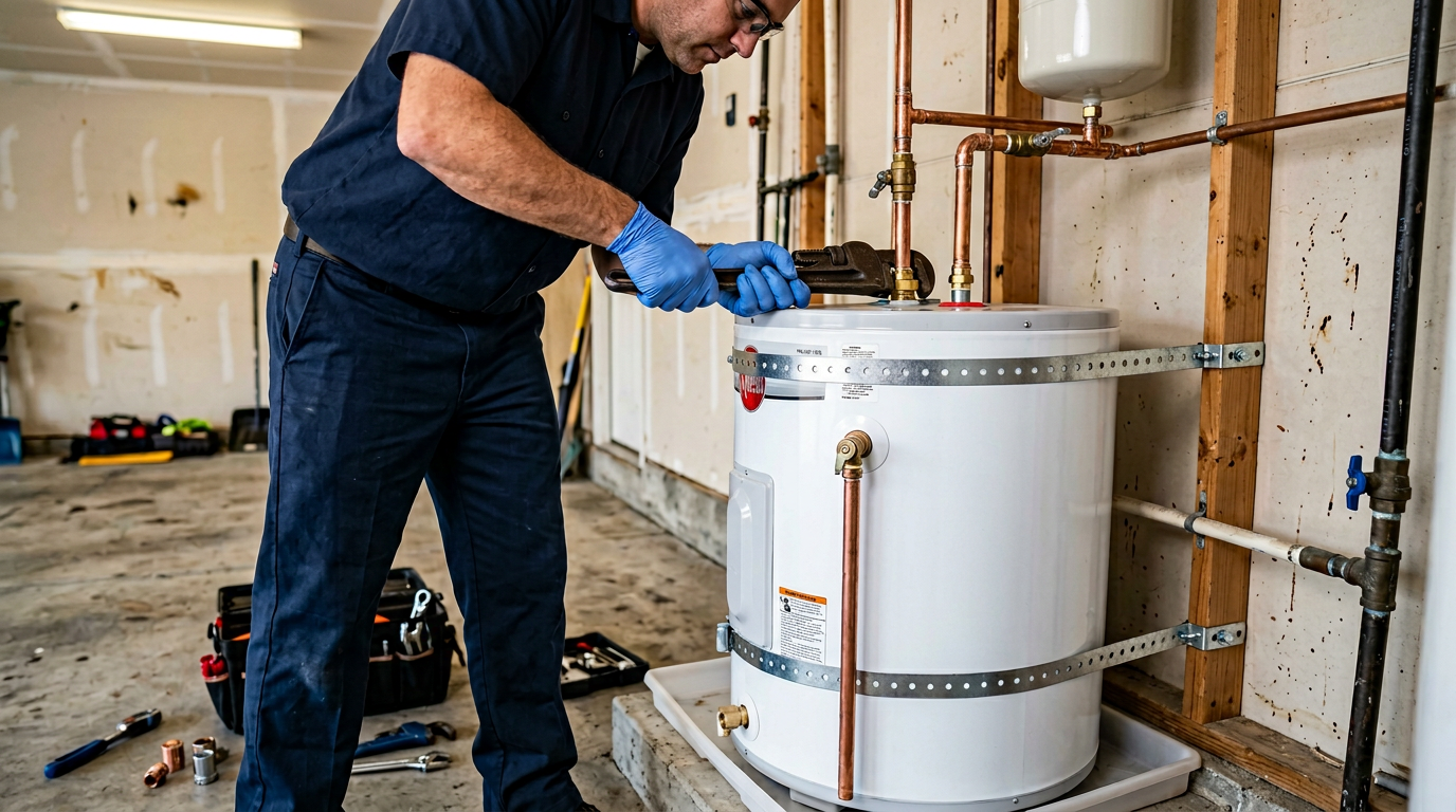 Technician connecting copper pipes to a new tank water heater with wall strapping visible during code-compliant installation