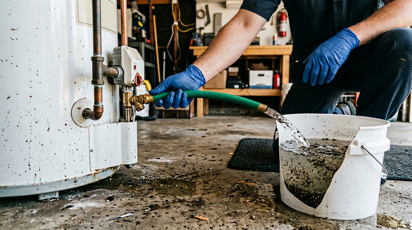 Draining sediment from a tank water heater through a hose into a bucket during professional maintenance service