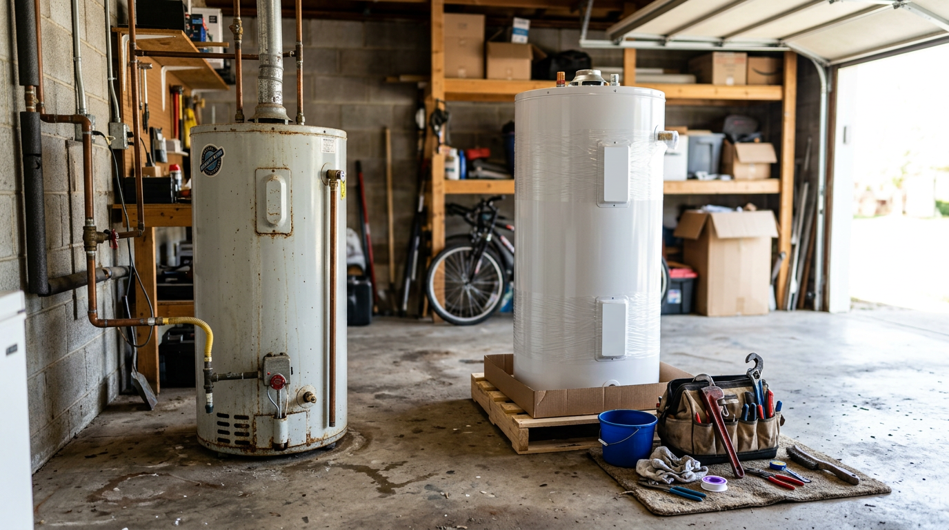 Older storage water heater beside a new replacement unit staged for swap in a Portland-area garage